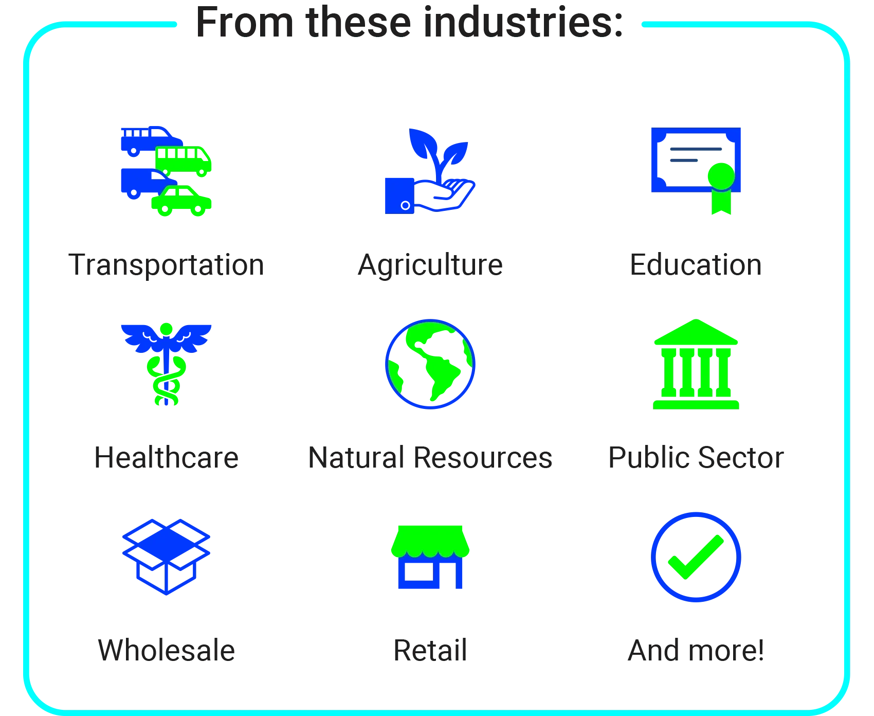 Industries attending Connect: Transportation, Agriculture, Education, Healthcare, Natural Resources, Public Sector, Wholesale, Retail
